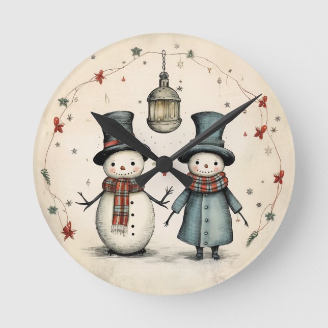 Reloj Redondo Mediano Compañeros de luz de linterna - Hombre de nieve añ (Anverso)