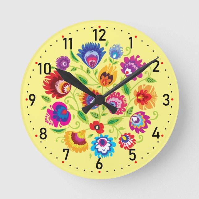 Reloj Redondo Mediano Composición folclórica redonda polaca amarilla (Anverso)