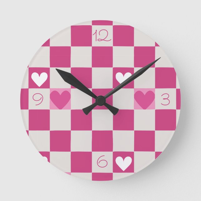 Reloj Redondo Mediano Comprobadores y corazones rosados (Anverso)