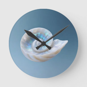 Reloj Redondo Mediano Concha de Nautilus Iridescente en Espiral