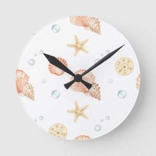 Reloj Redondo Mediano Conchas de acuarela Perlas Patrón costero