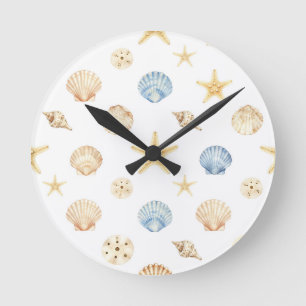 Reloj Redondo Mediano Conchas de Caracol y Estrellas de Mar Patrón Coste