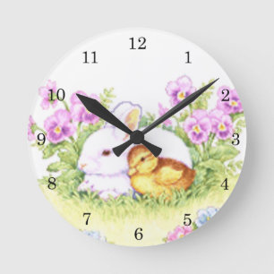 Reloj Redondo Mediano Conejito, anadón y flores de pascua