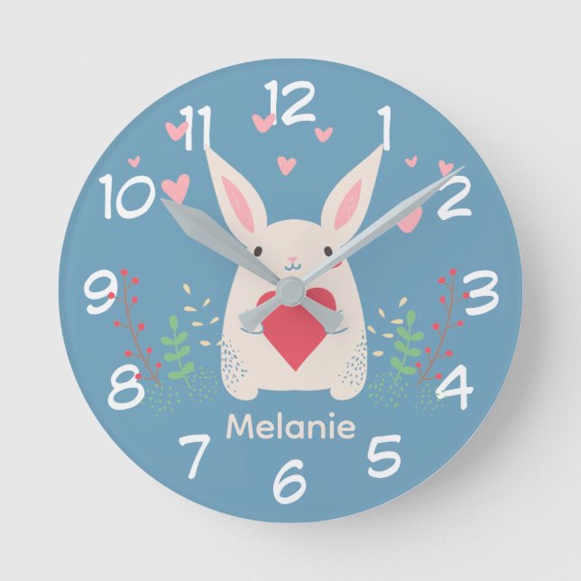 Reloj Redondo Mediano Conejito blanco lindo con el corazón personalizado (Anverso)