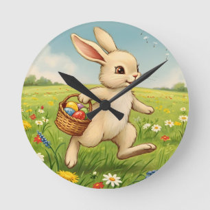 Reloj Redondo Mediano Conejo de Pascua de prado primaveral vintage