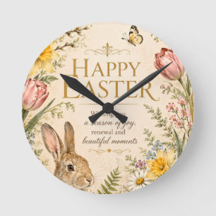 Reloj Redondo Mediano Conejo de Pascua vintage saluda flores de jardín