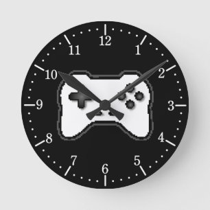 Reloj Redondo Mediano Controlador de juegos Negro Blanco de 8 bits Estil