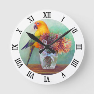 Reloj Redondo Mediano Conure y flores de Sun
