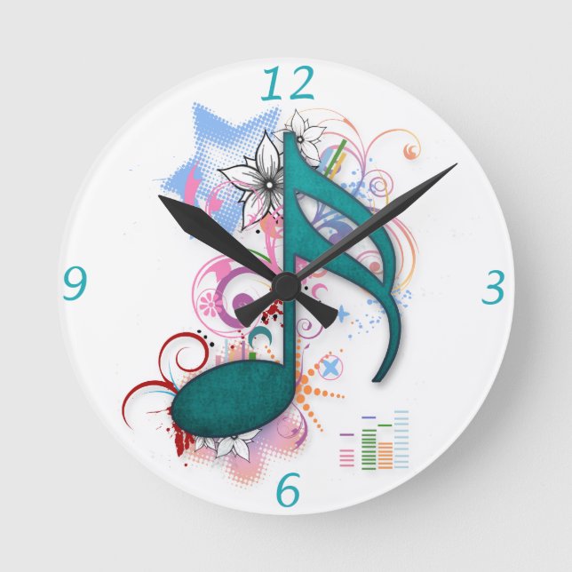 Reloj Redondo Mediano Cool blue grunge music note stars flowers swirls (Anverso)