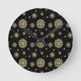 Reloj Redondo Mediano Copo de Nieve Dorado sobre Fondo Negro