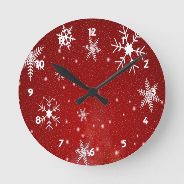 Reloj Redondo Mediano Copos de nieve blancos con fondo rojo (Anverso)