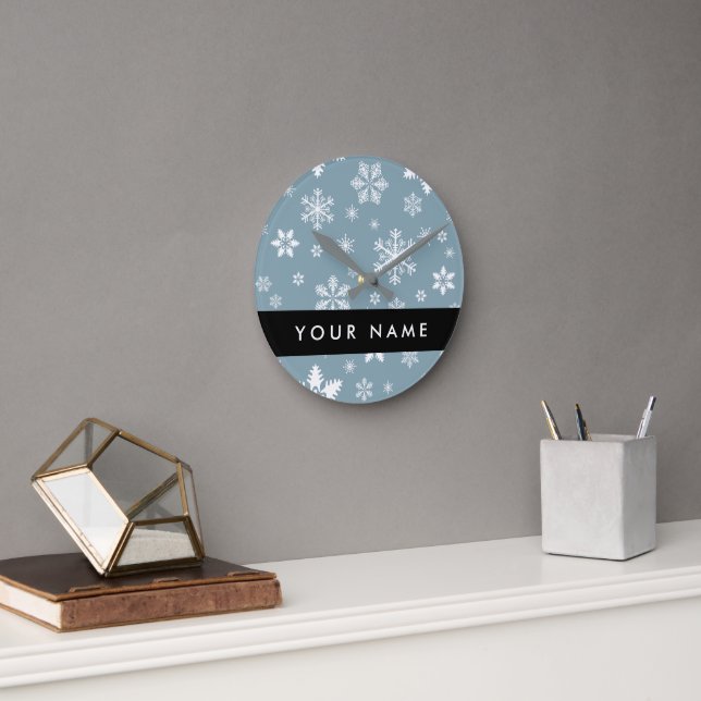 Reloj Redondo Mediano Copos de nieve blancos, gris, tu nombre, personifi (Oficina)