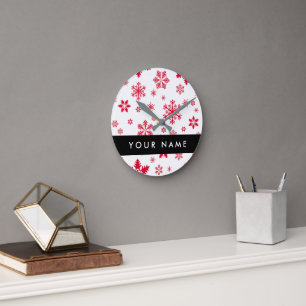 Reloj Redondo Mediano Copos de nieve rojos, tu nombre, personaliza