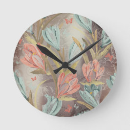 Reloj Redondo Mediano Coral Brown Floral Coffe Azul Marfil Mariposa