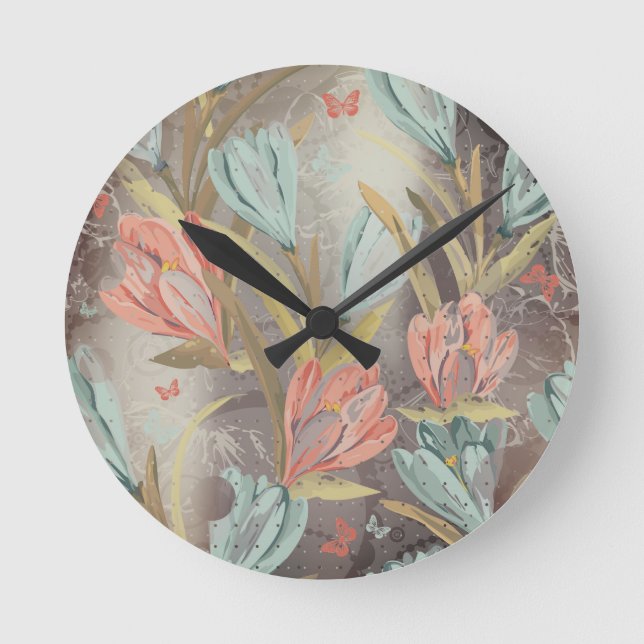 Reloj Redondo Mediano Coral Brown Floral Coffe Azul Marfil Mariposa (Anverso)