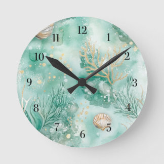 Reloj Redondo Mediano Coral submarino y conchas en color de agua Verde a