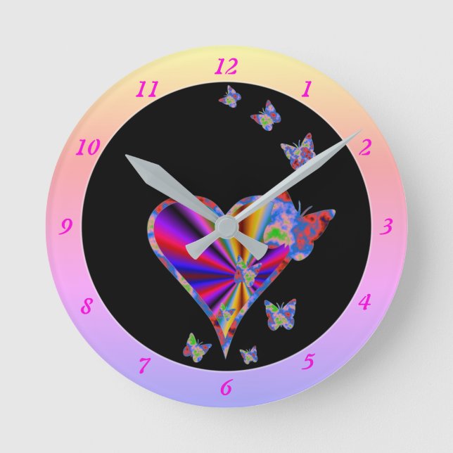 Reloj Redondo Mediano Corazón arcoiris y mariposa (Anverso)
