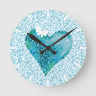Reloj Redondo Mediano Corazón azul velado y mariposa