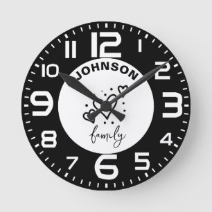 Reloj Redondo Mediano Corazón Blanco Negro Apellido
