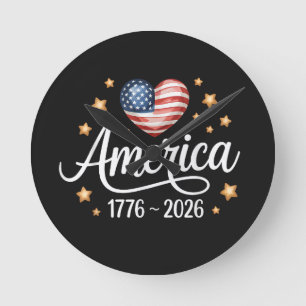 Reloj Redondo Mediano Corazón de bandera bonita 1776-2026 4 de julio 250