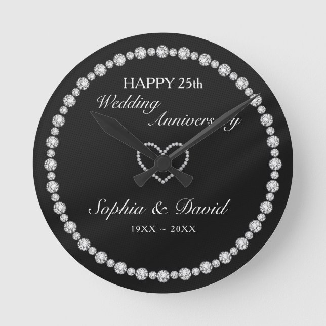 Reloj Redondo Mediano Corazón de diamantes plateados (Anverso)