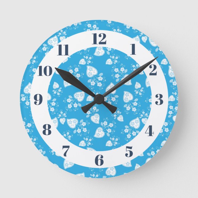 Reloj Redondo Mediano Corazón de flores azul (Anverso)