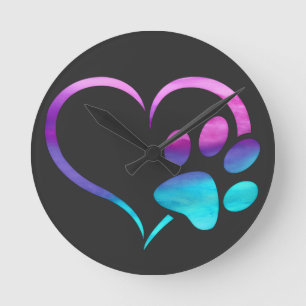 Reloj Redondo Mediano Corazón de Huella de Perro Cyan Púrpura