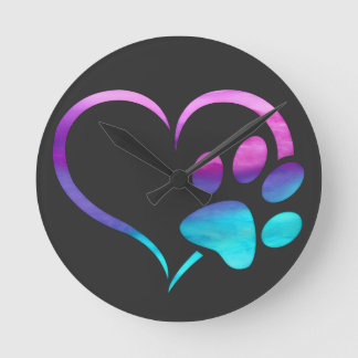 Reloj Redondo Mediano Corazón de Huella de Perro Cyan Púrpura 