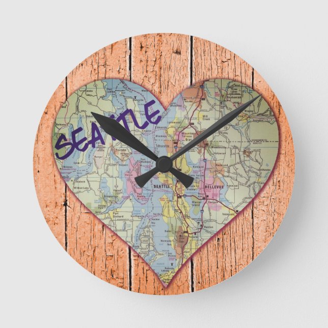 Reloj Redondo Mediano Corazón del mapa de Seattle (Anverso)