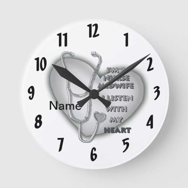 Reloj Redondo Mediano Corazón Gris Enfermera Partera (Anverso)