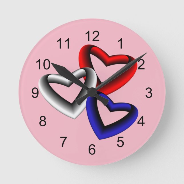 Reloj Redondo Mediano Corazones de gradiente rojo blanco y azul (Anverso)