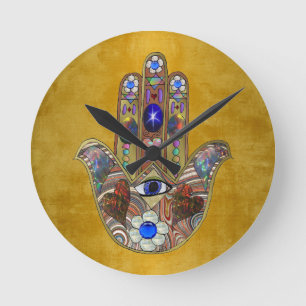 Reloj Redondo Mediano Corazones de Hamsa Flores Ópalo Arte en Oro