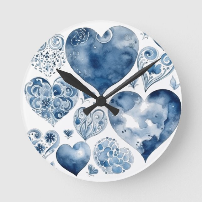Reloj Redondo Mediano Corazones en azul delft (Anverso)