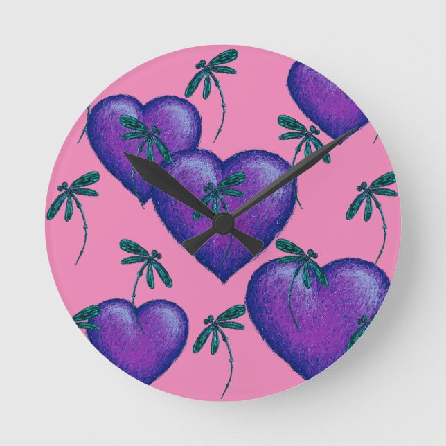 Reloj Redondo Mediano Corazones morados y libélulas (Anverso)