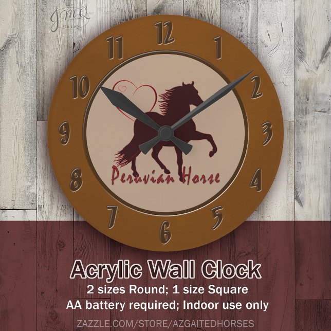 Reloj Redondo Mediano Corazones peruanos del caballo (Round brown wall clock with a dark horse silhouette, heart accent, and the text “Peruvian Horse.”)