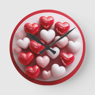 Reloj Redondo Mediano Corazones Rojos y Blancos Brillantes