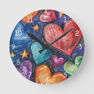 Reloj Redondo Mediano Corazones y estrellas dibujados a mano