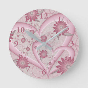 Reloj Redondo Mediano Corazones y flores abstractos rosados Arte fractal