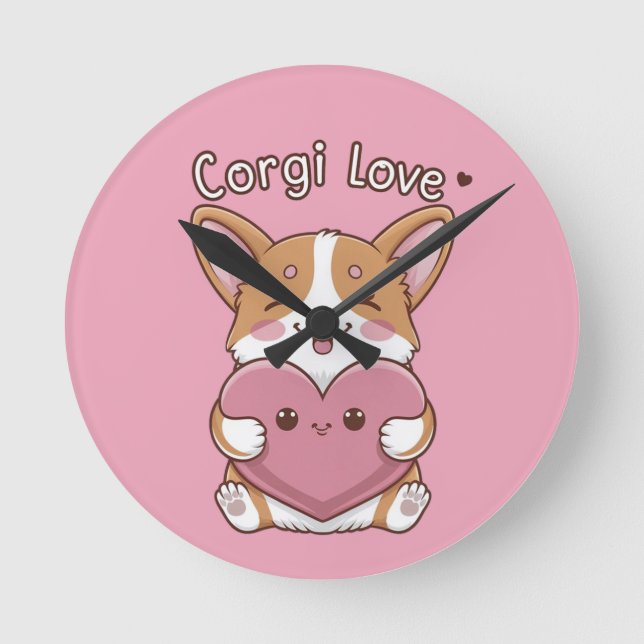 Reloj Redondo Mediano Corgi Love Wall Clock (Anverso)