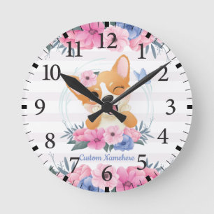 Reloj Redondo Mediano Corona de flores de perro Corgi lindo Mariposa azu