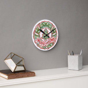 Reloj Redondo Mediano Corona de Navidad elegante con árbol de fiestas