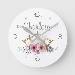 Reloj Redondo Mediano Corona de Princesa Dorada Flores Acuarela Rosa Nom