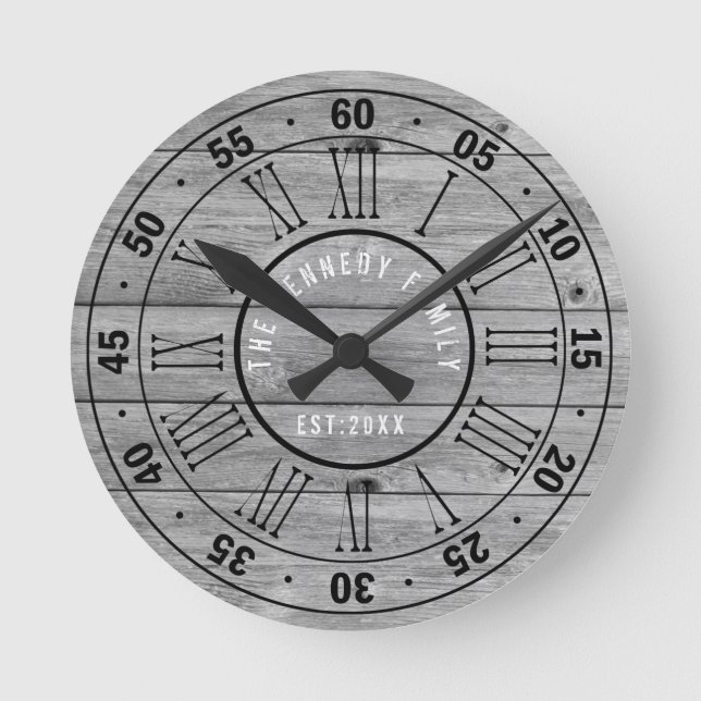 Reloj Redondo Mediano Cortijo de madera reclamado gris del apellido (Anverso)