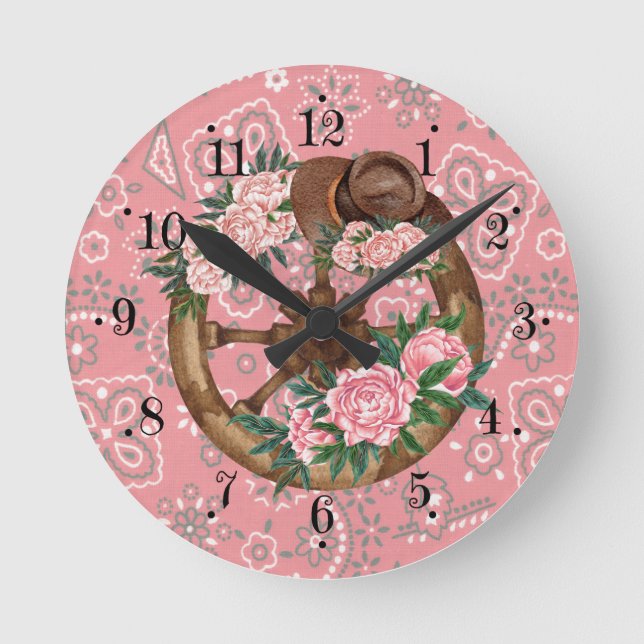 Reloj Redondo Mediano Country Pink Flower Hat Wagon Wheel Wall Clock (Anverso)