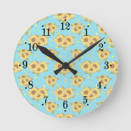 Reloj Redondo Mediano Country Powder Blue Yellow Sunflowers Wall Clock