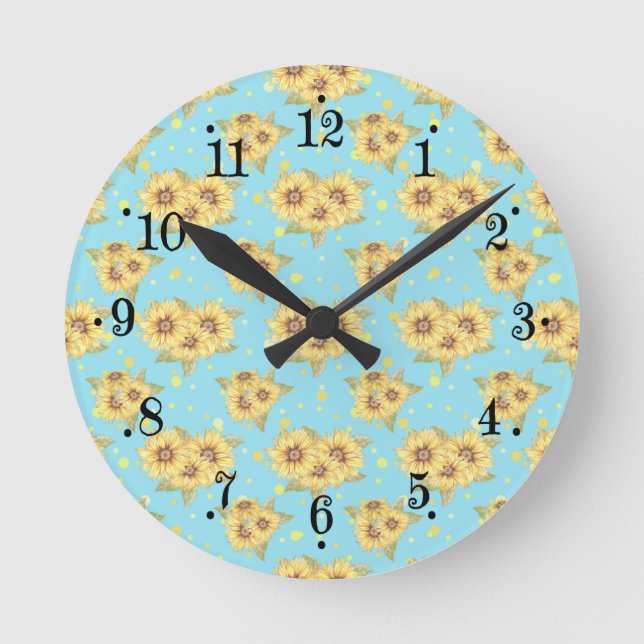 Reloj Redondo Mediano Country Powder Blue Yellow Sunflowers Wall Clock (Anverso)