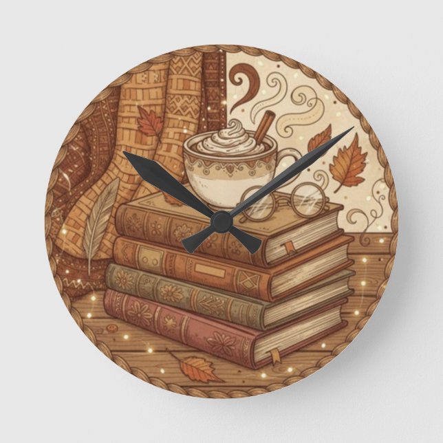 Reloj Redondo Mediano Cozy Autumn Books and Coffee Illustration (Anverso)