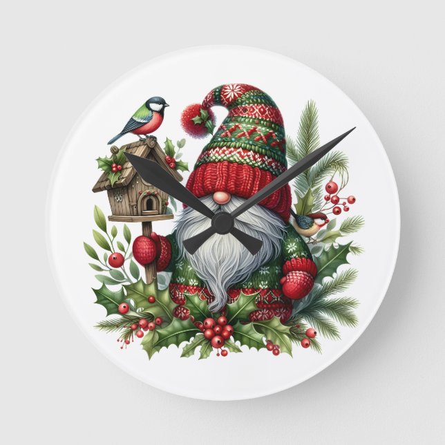 Reloj Redondo Mediano Cozy Christmas Gnome Art – Festive Holiday (Anverso)
