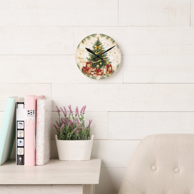 Reloj Redondo Mediano Cozy Merry Christmas – Festive Tree (Sala de lectura)