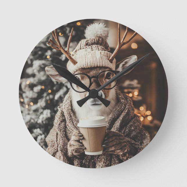 Reloj Redondo Mediano Cozy Reindeer Wall Clock with Coffee - Festive Win (Anverso)